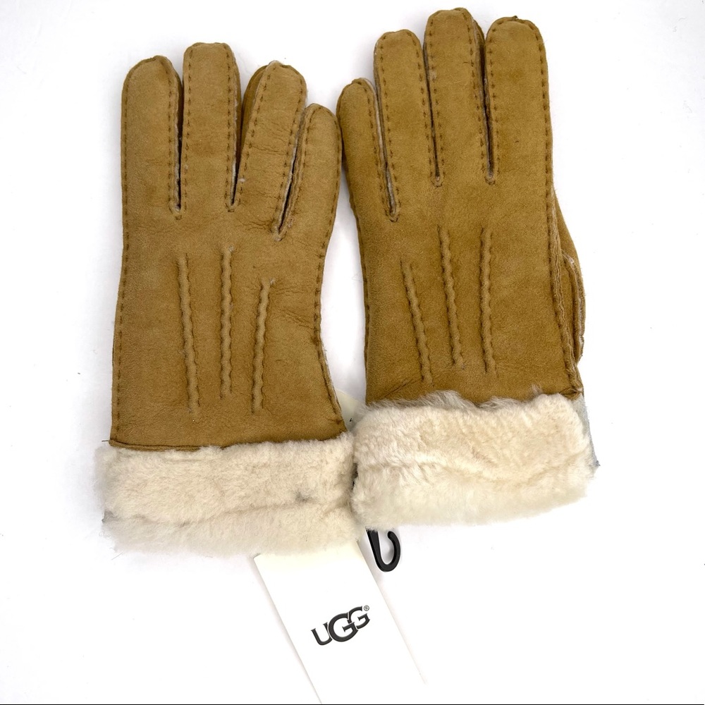 UGG Exposed Sheepskin Shearling Cuff Glove NEW Hand Sewn Size M Chestnut